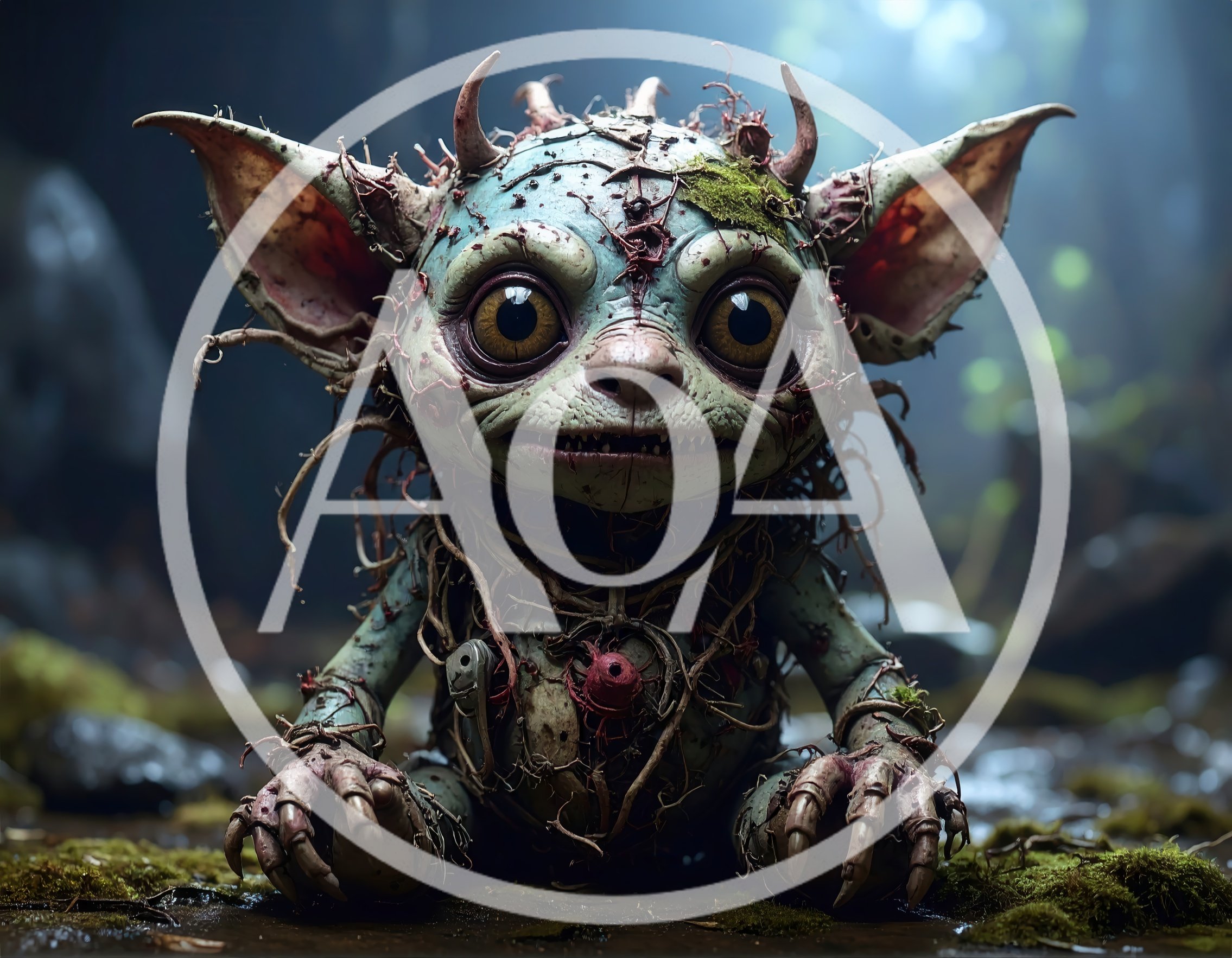 Creepy Forest Goblin Creature Sitting on Mossy Ground
