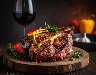 Grilled T-Bone Steak on Wooden Serving Board