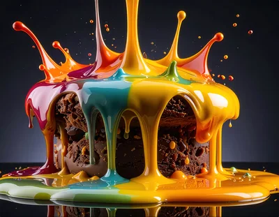 Vibrant Multi-Colored Paint Splashing Over Chocolate Cake