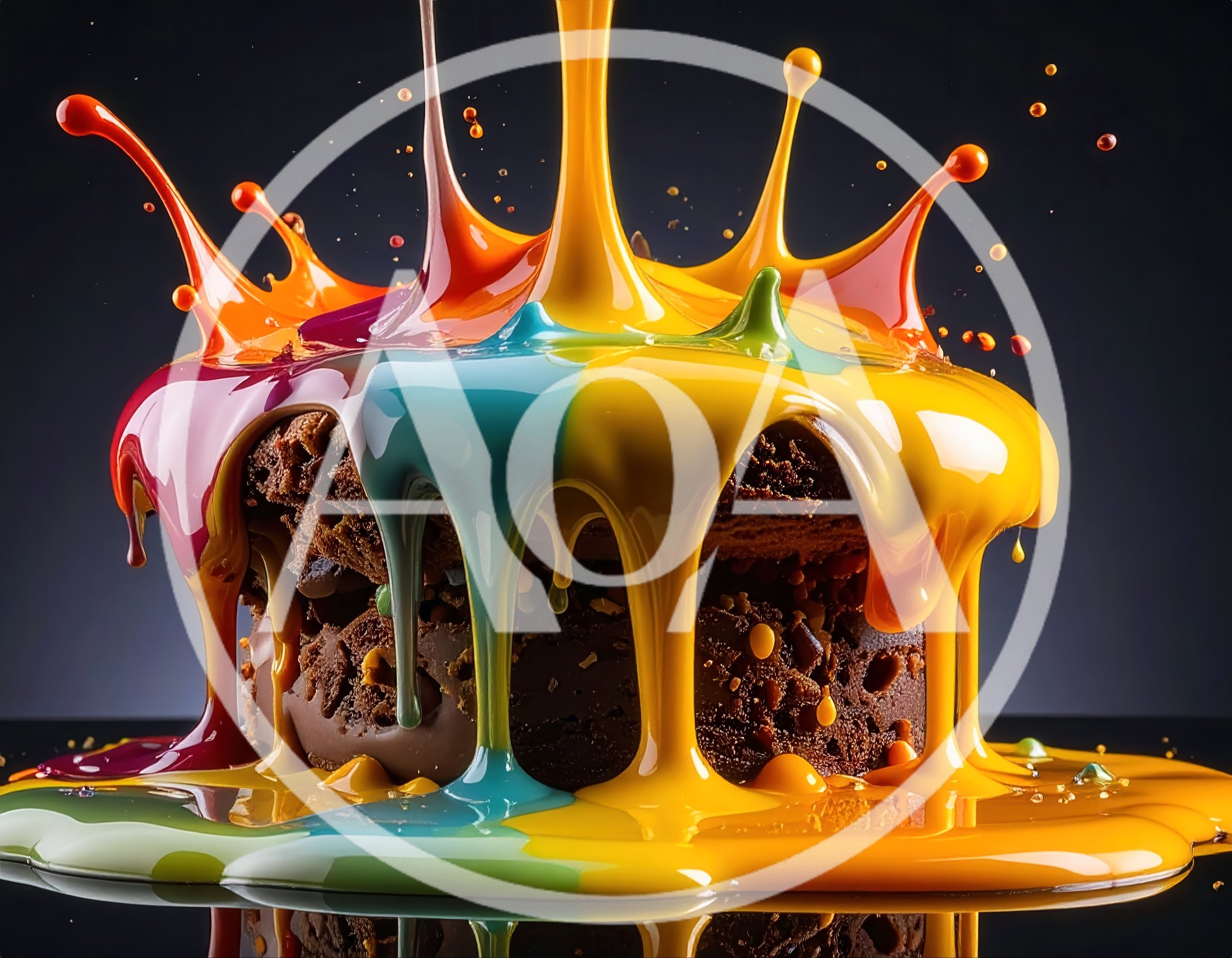 Vibrant Multi-Colored Paint Splashing Over Chocolate Cake