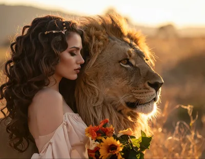 Woman With Long Curly Hair Posing Beside A Lion