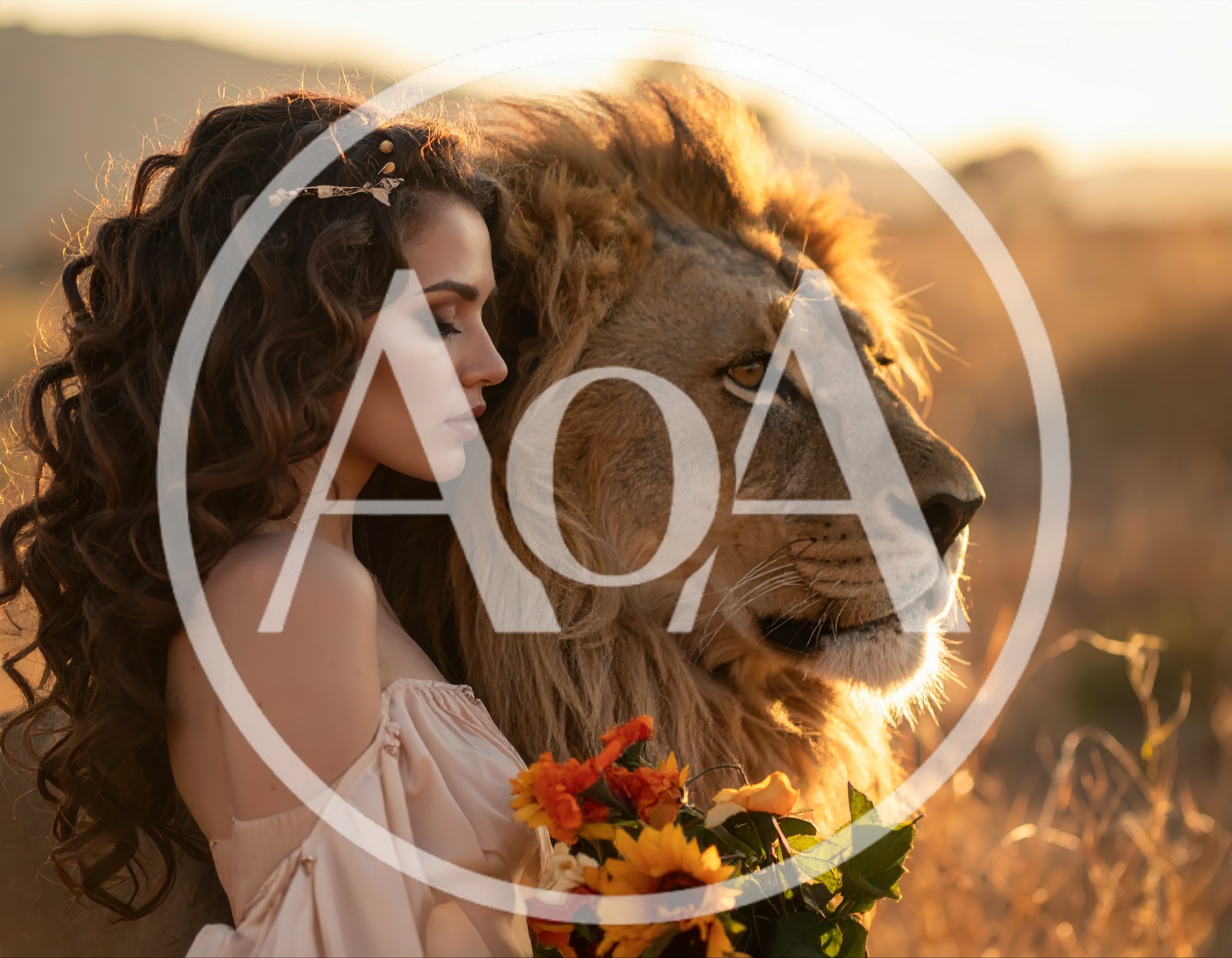 Woman With Long Curly Hair Posing Beside A Lion