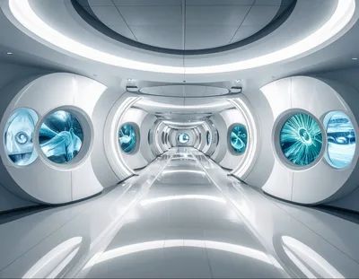 Futuristic White Corridor With Glowing Circular Windows