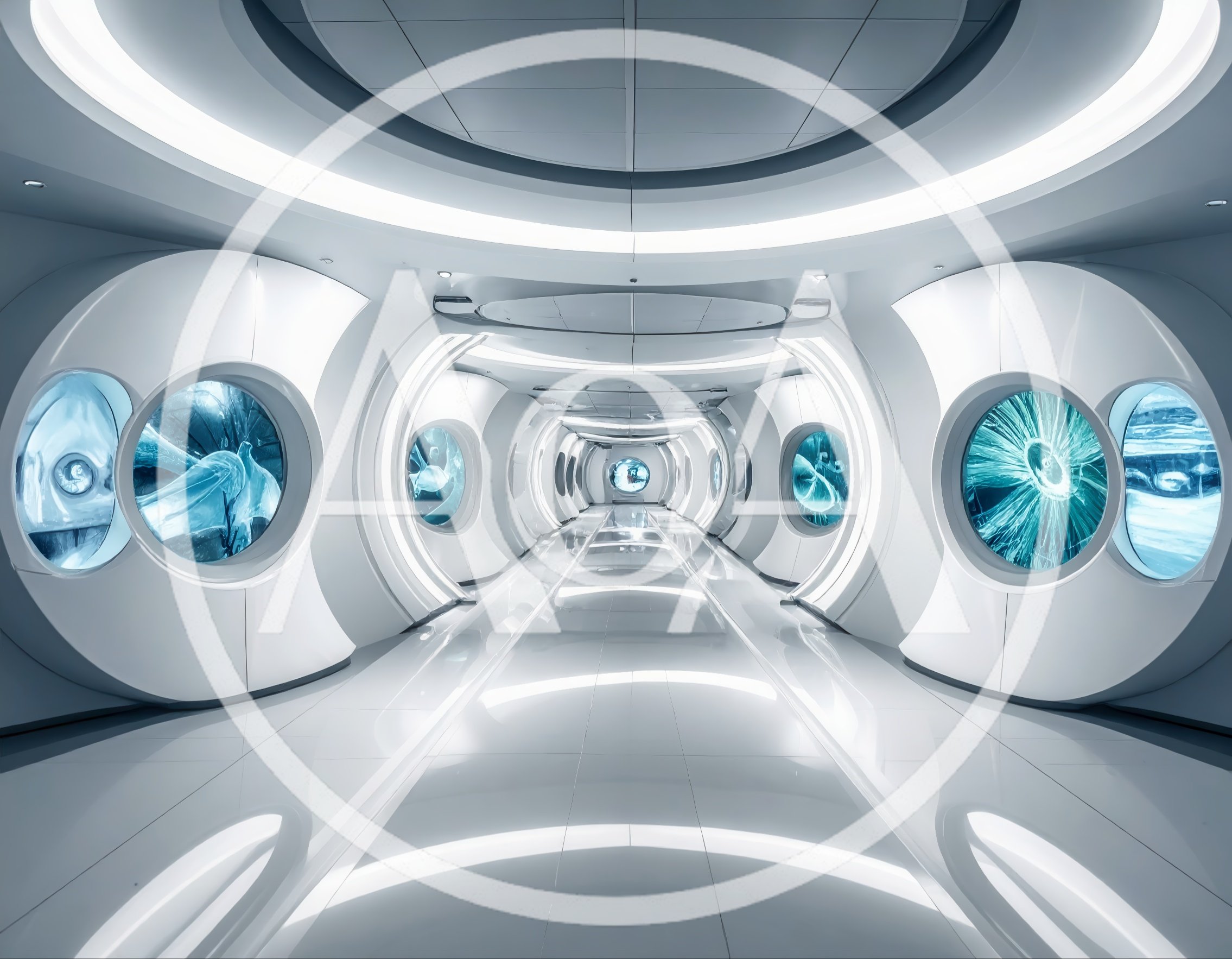 Futuristic White Corridor With Glowing Circular Windows