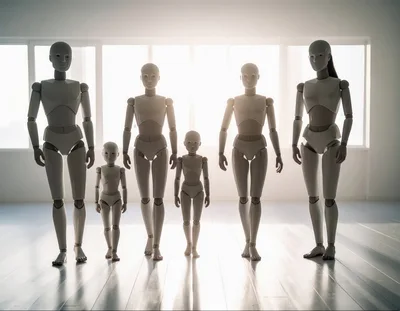 Group Of Humanoid Robots Walking In Bright Studio