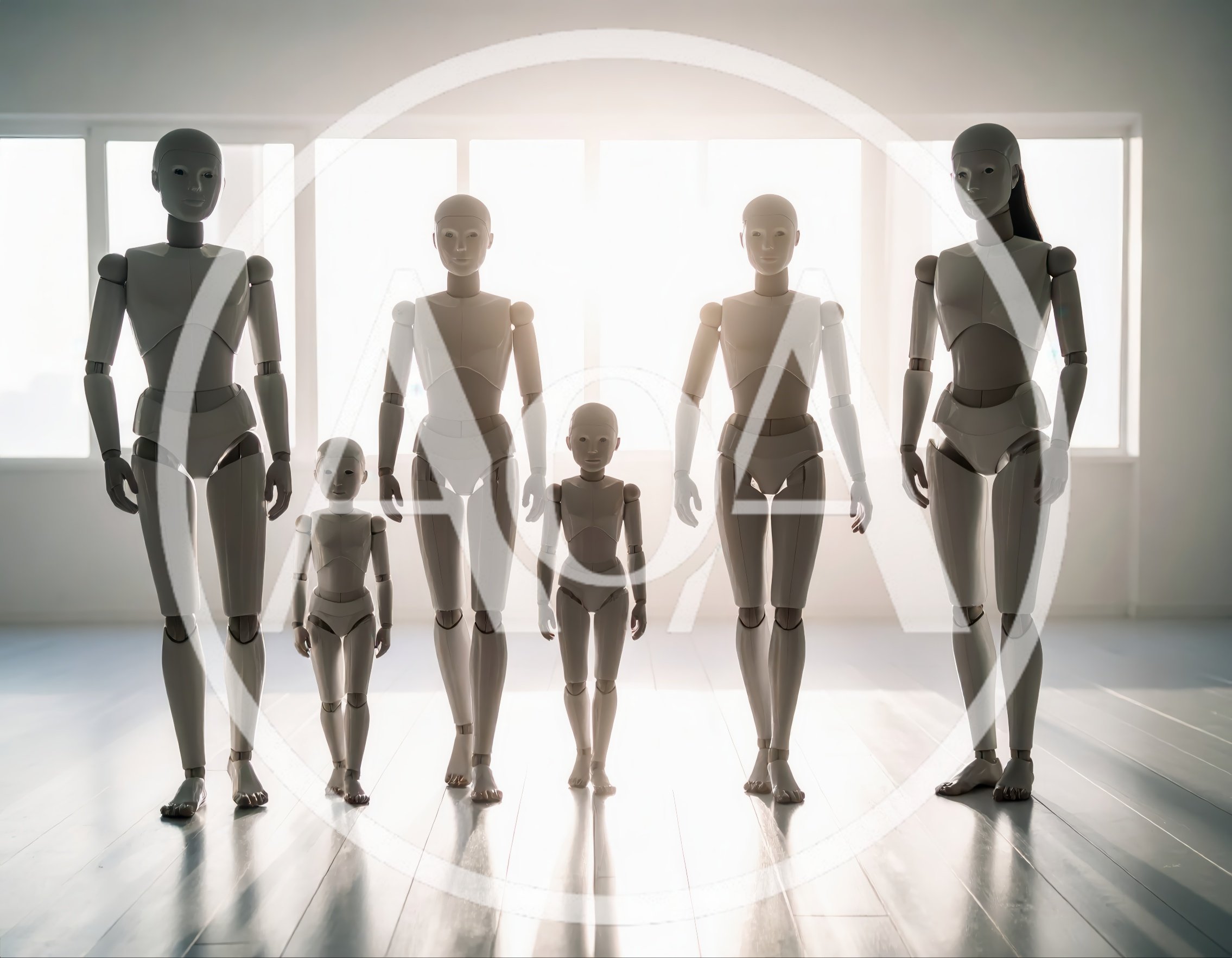 Group Of Humanoid Robots Walking In Bright Studio