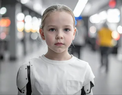Young Girl With Robotic Prosthetic Arms In Public Space
