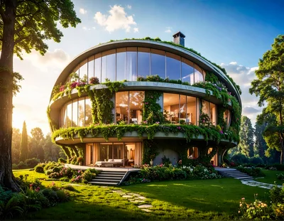 Modern Circular Eco Friendly House Surrounded By Lush Garden