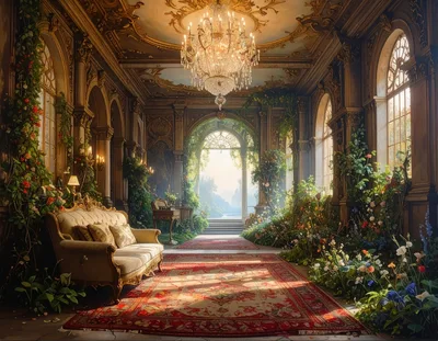 Luxurious Ornate Hallway Filled With Lush Indoor Garden