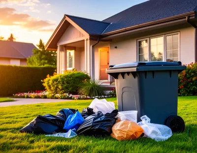 Trash Bags Piled Beside A Wheeled Garbage Bin