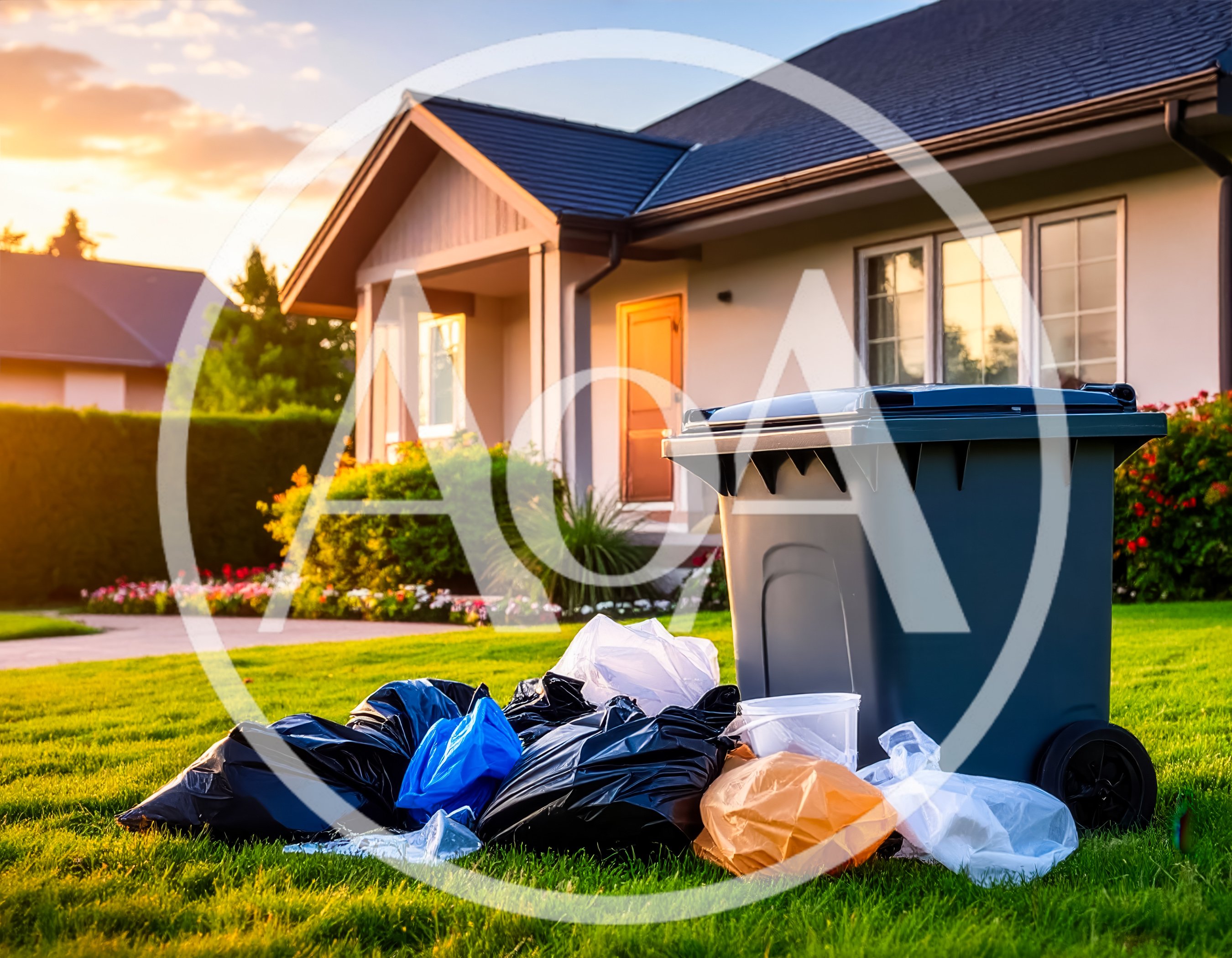 Trash Bags Piled Beside A Wheeled Garbage Bin