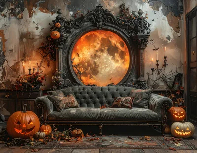 Gothic Halloween Living Room With Glowing Moon Mirror
