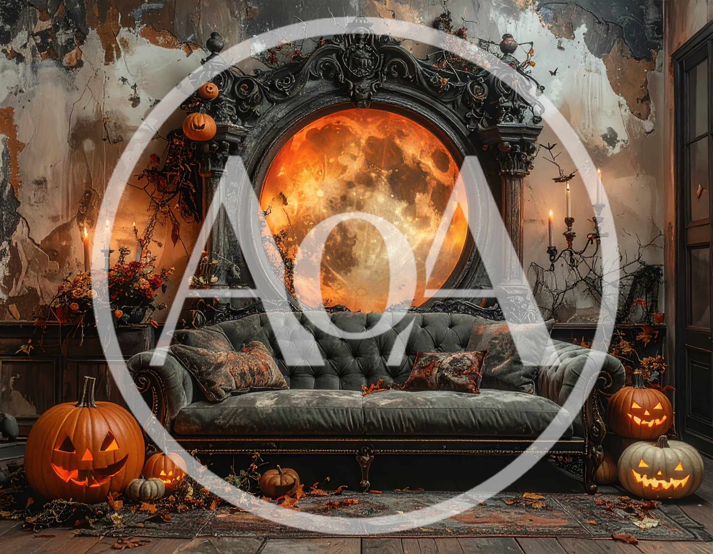 Gothic Halloween Living Room With Glowing Moon Mirror