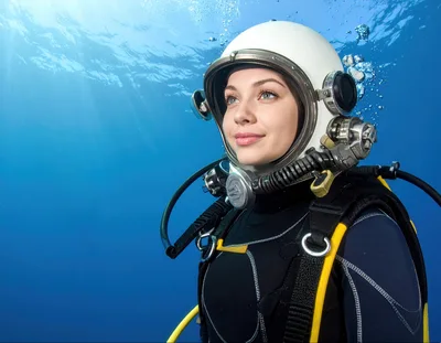 Female Scuba Diver Wearing Vintage Hard Hat Helmet