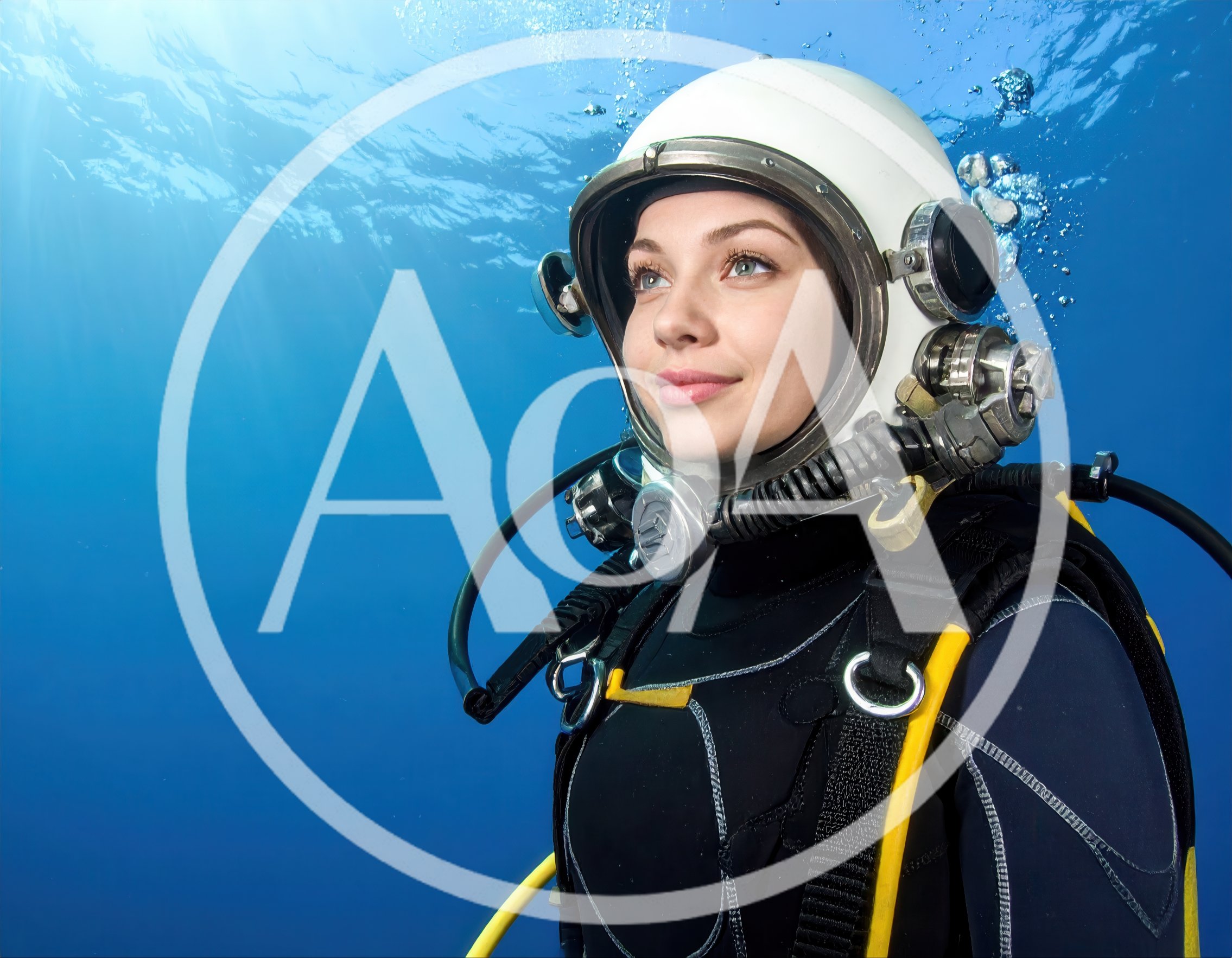 Female Scuba Diver Wearing Vintage Hard Hat Helmet