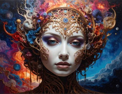 Surreal Celestial Goddess Portrait With Intricate Gold Filigree