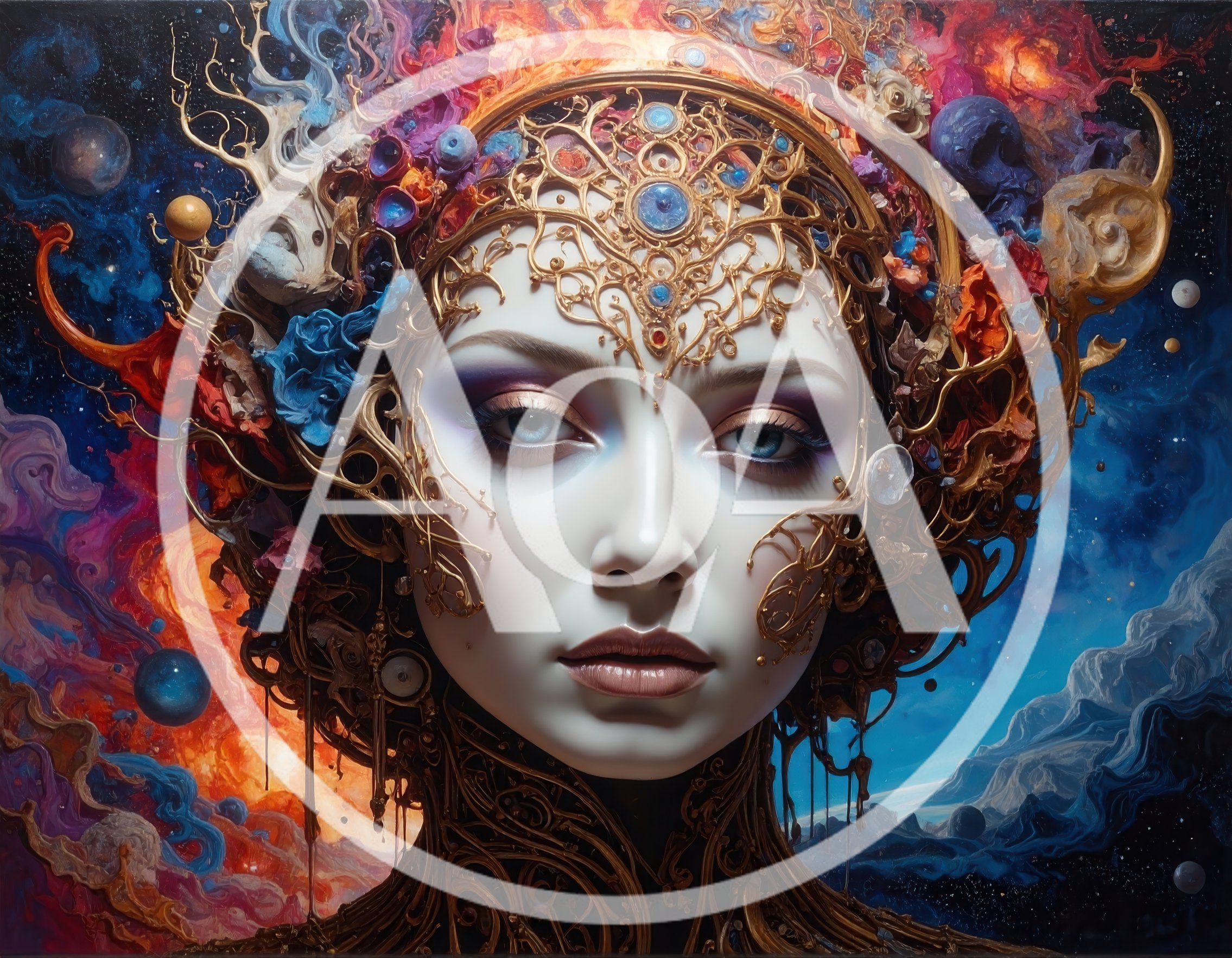 Surreal Celestial Goddess Portrait With Intricate Gold Filigree