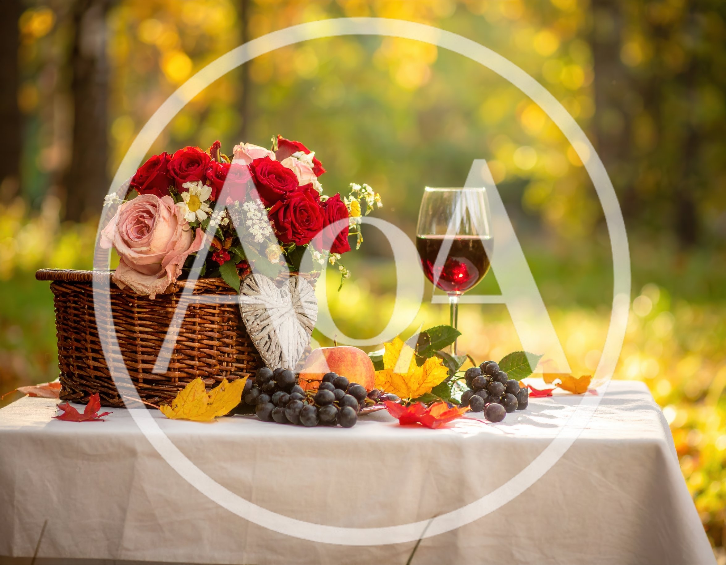 Romantic Autumn Picnic With Wine And Flowers