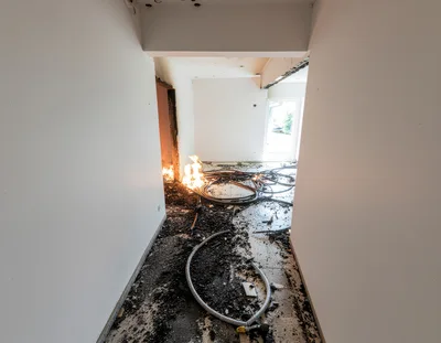 Electrical Fire Burning Cables In A Damaged Building