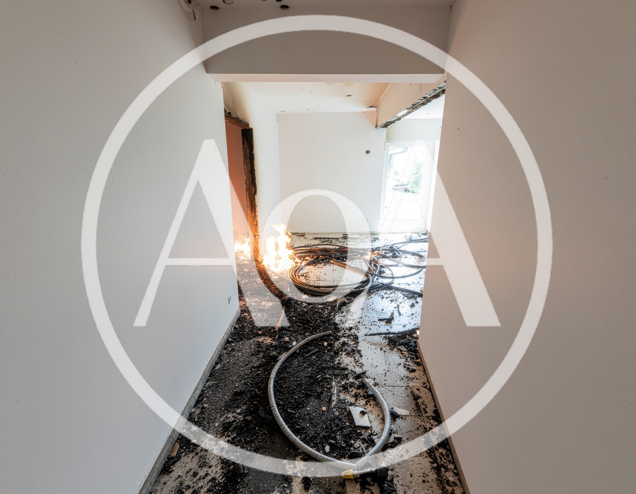Electrical Fire Burning Cables In A Damaged Building