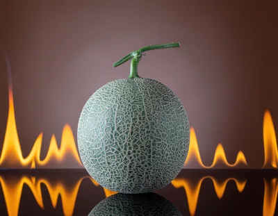 Cantaloupe Melon Centered Against A Background Of Fire