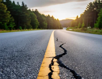 Cracked Asphalt Road Surface With Yellow Center Line