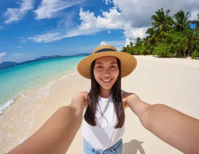 Young Woman Taking Selfie on Tropical Beach