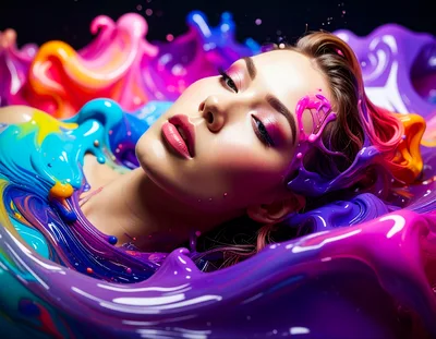 Woman Immersed In Vibrant Liquid Paint Splash