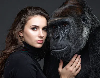Portrait of a Young Woman Posing with a Gorilla