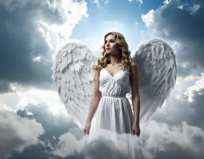 Beautiful Blonde Angel With White Wings In The Clouds