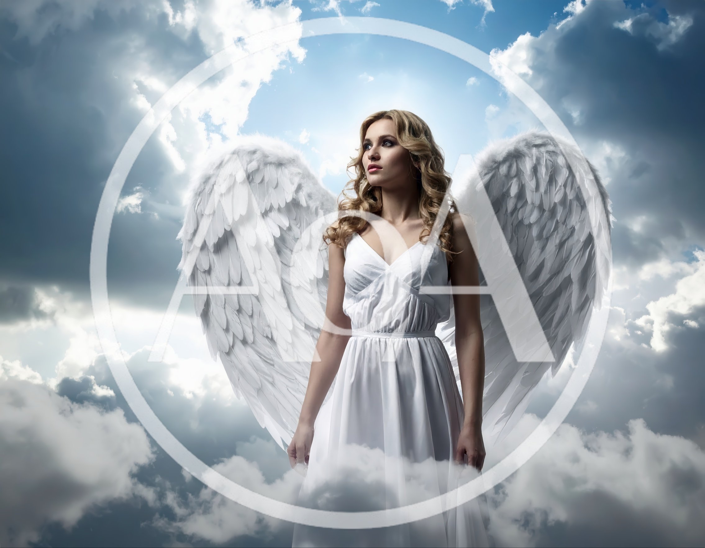 Beautiful Blonde Angel With White Wings In The Clouds