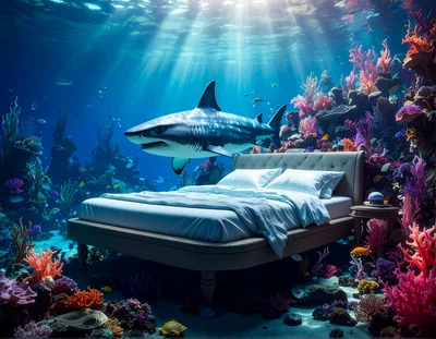 Surreal Underwater Bedroom With A Swimming Shark