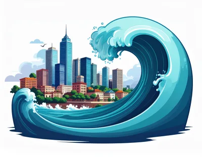 Giant Tsunami Wave Threatening A Modern City Skyline