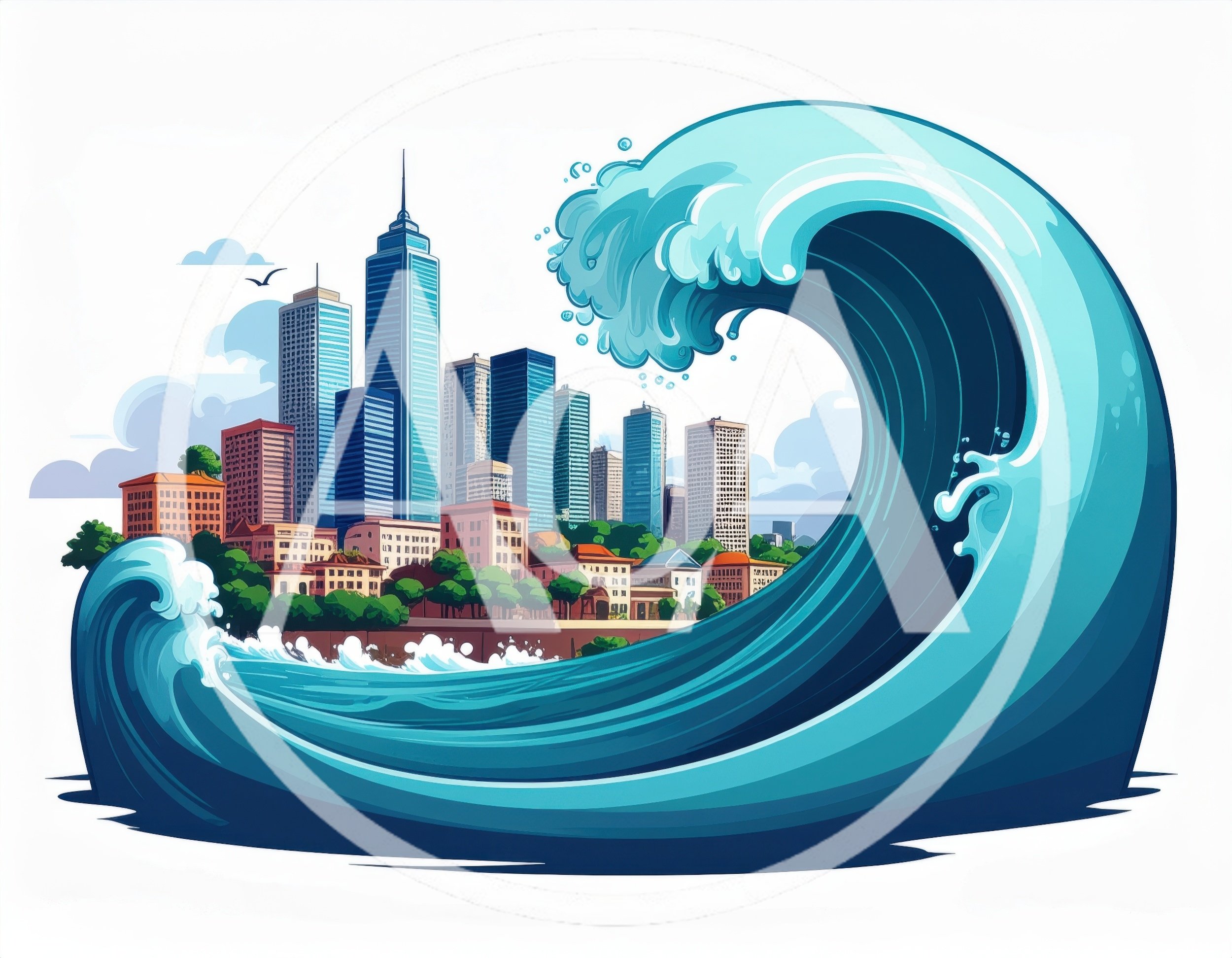 Giant Tsunami Wave Threatening A Modern City Skyline