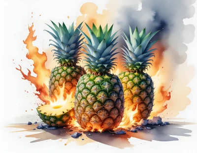 Three Pineapples Surrounded By Vibrant Artistic Flames
