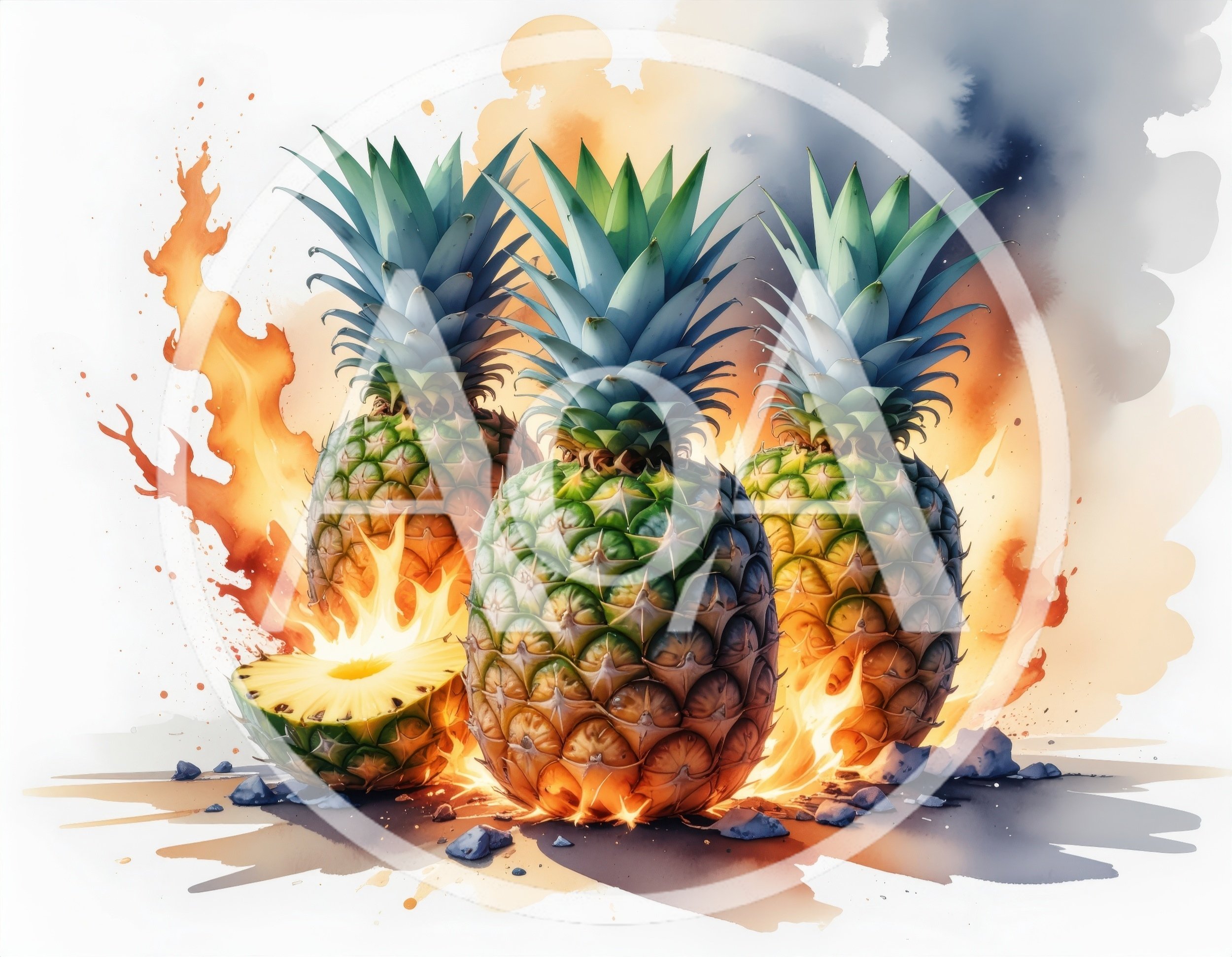 Three Pineapples Surrounded By Vibrant Artistic Flames