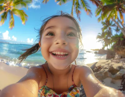 Happy Young Girl Taking Selfie on Tropical Beach