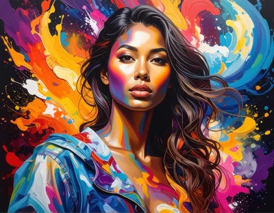 Portrait Of A Woman With Vibrant Abstract Paint Splatter