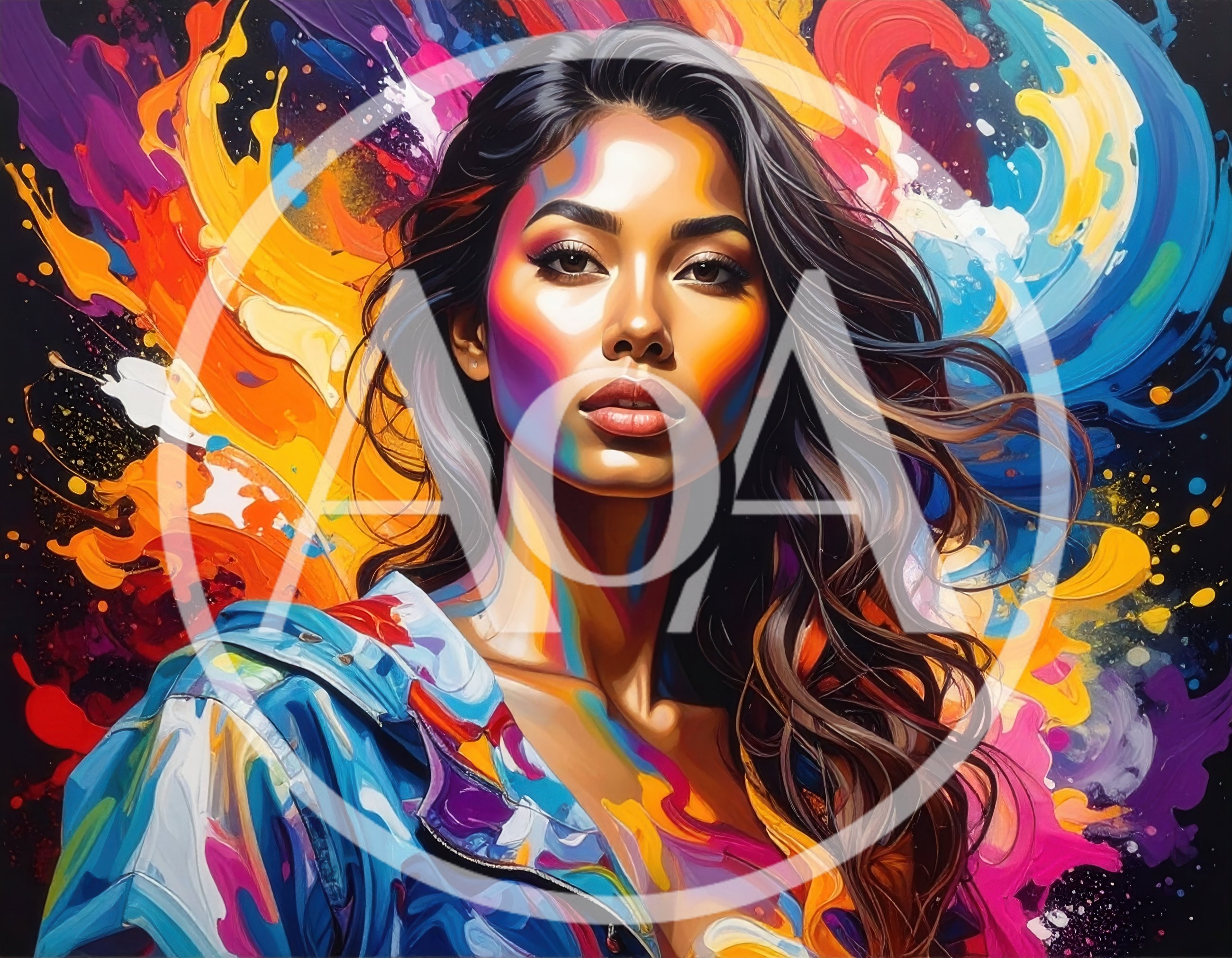 Portrait Of A Woman With Vibrant Abstract Paint Splatter