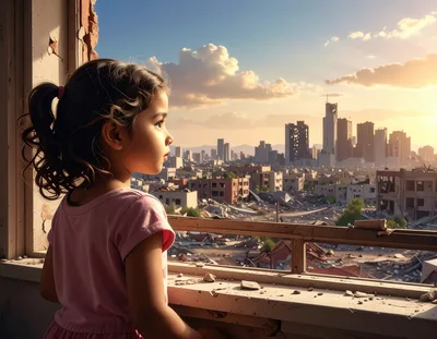 Young Girl Looking Out Over A War Torn City