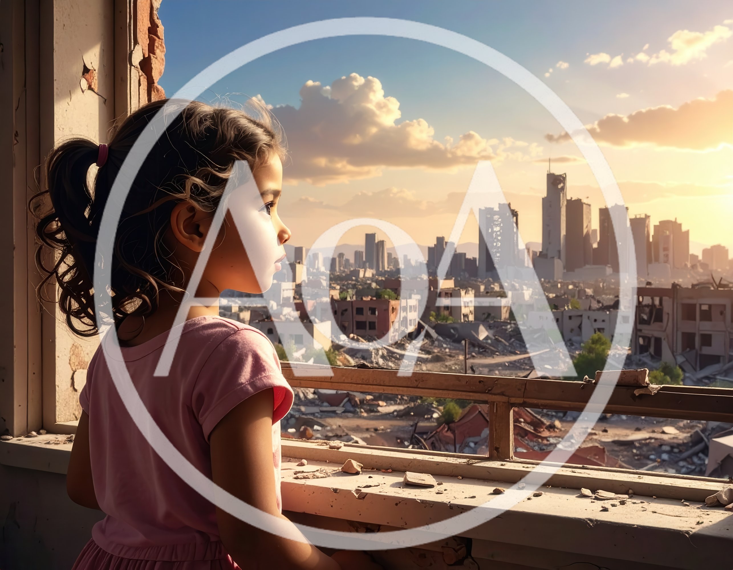 Young Girl Looking Out Over A War Torn City