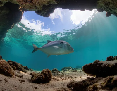 Giant Trevally Swimming Through A Shallow Underwater Cave
