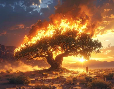 Burning Tree In A Desert Landscape