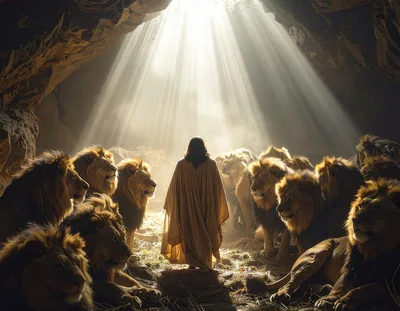 Figure Standing Amidst A Pride Of Lions In Cave