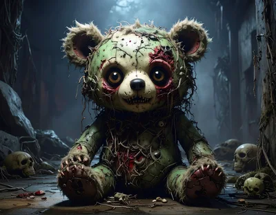 Creepy Zombie Teddy Bear In Dark Ruined Setting