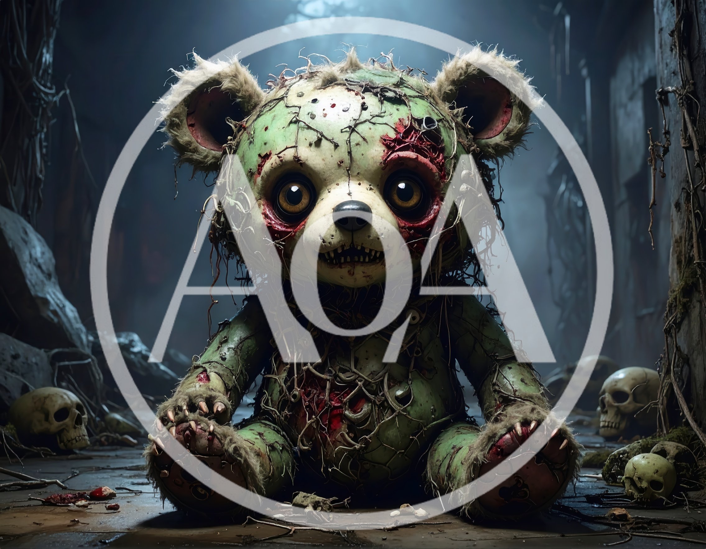 Creepy Zombie Teddy Bear In Dark Ruined Setting