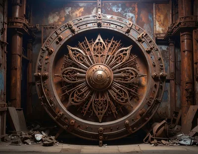 Ornate Rusty Industrial Vault Door In Abandoned Facility