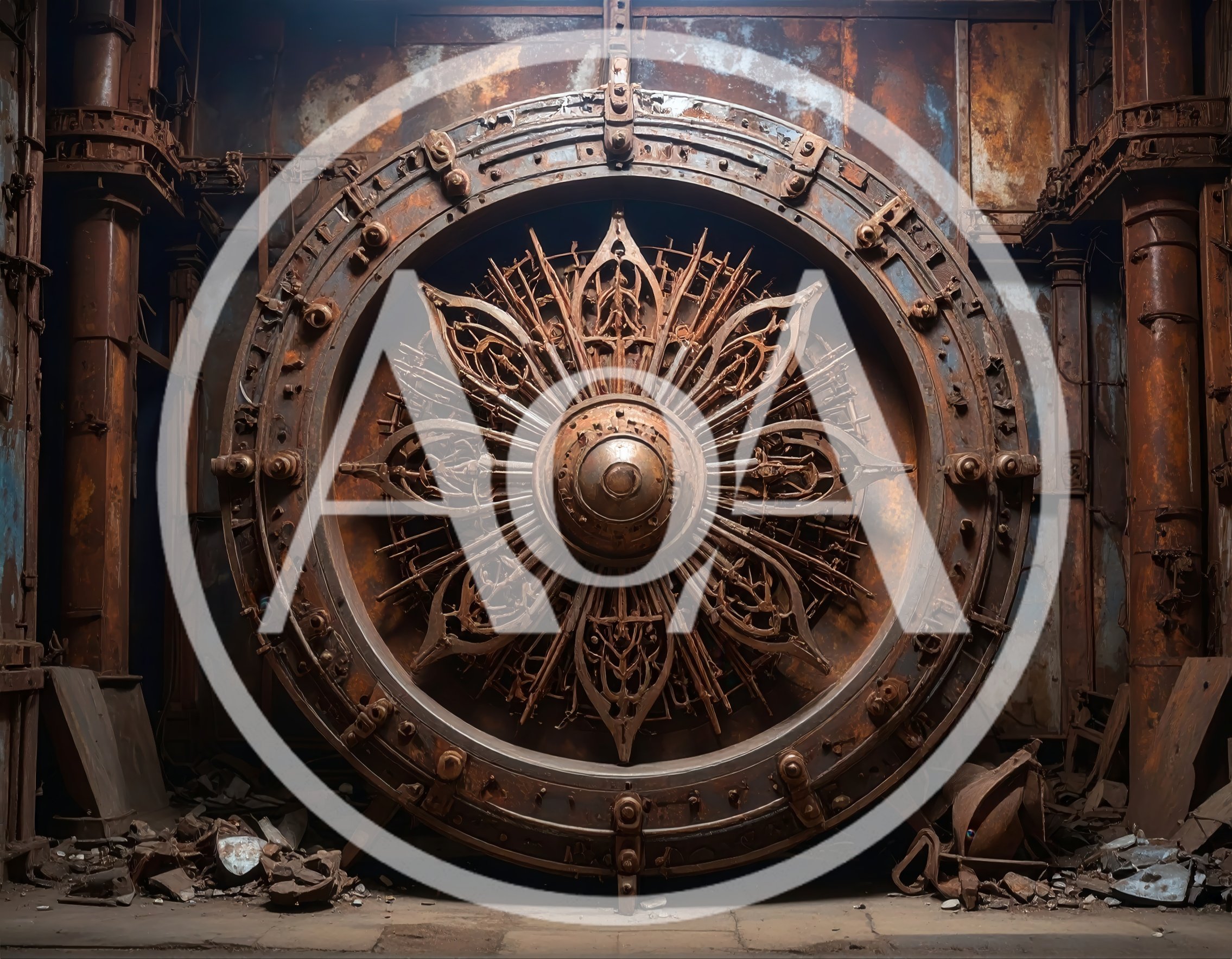 Ornate Rusty Industrial Vault Door In Abandoned Facility