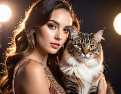 Beautiful Woman Holding A Fluffy Maine Coon Cat