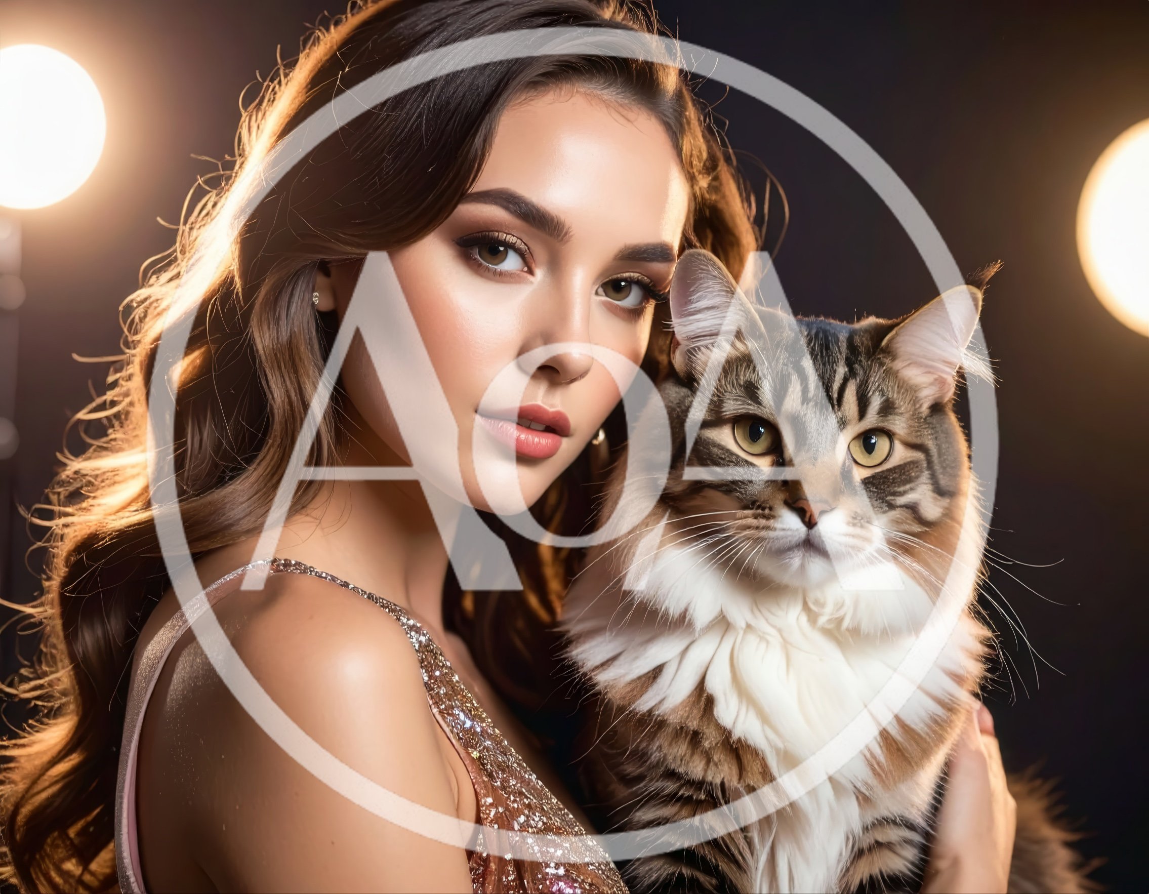 Beautiful Woman Holding A Fluffy Maine Coon Cat